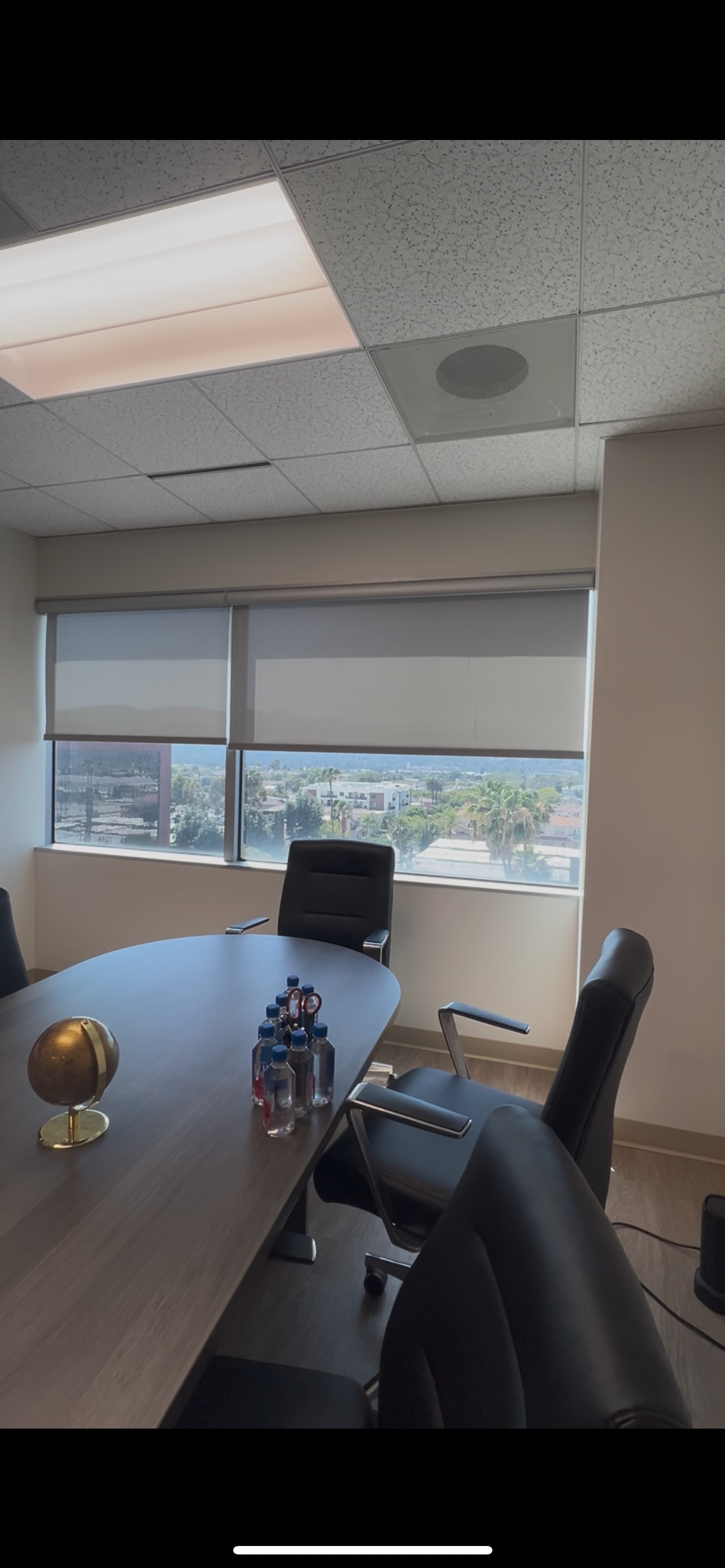 Real ShadeSpot install: gray solar screen shades cutting glare in an office conference room