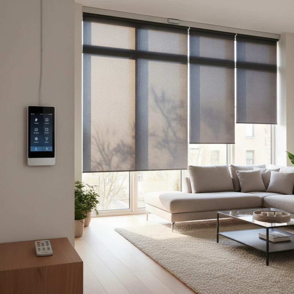 Motorized shades in a bright contemporary interior