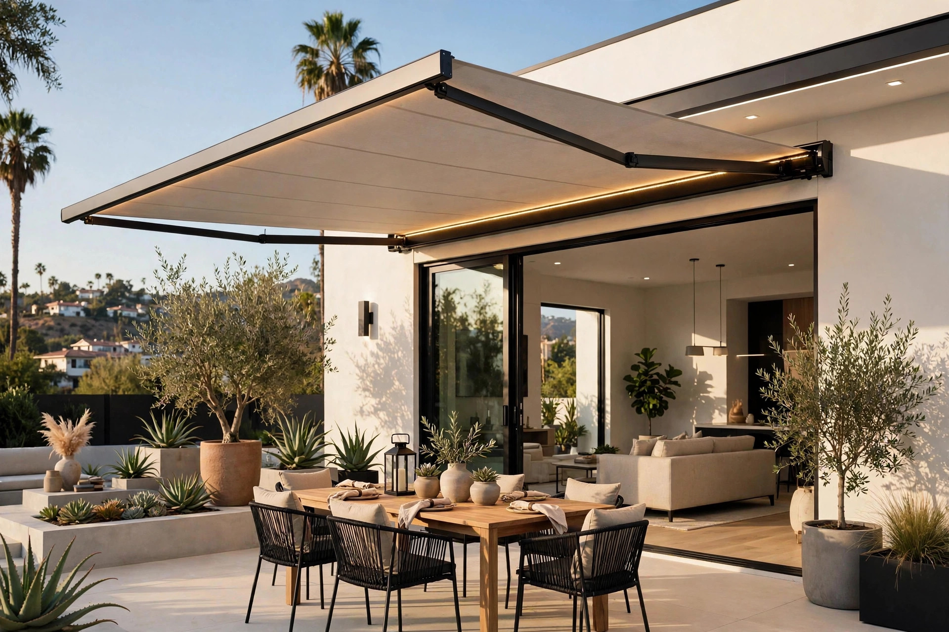 Retractable patio awning with a warm LED strip glowing underneath it, shading an outdoor dining area at a modern Los Angeles home