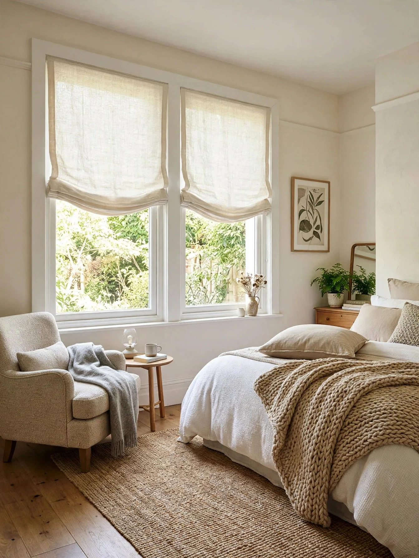 Relaxed linen Roman shades with soft folds on tall windows with crisp square frames in a bright bedroom