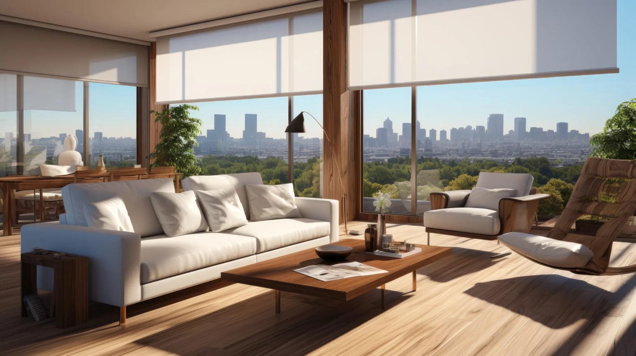 Bright modern living room with large windows and custom light-filtering shades