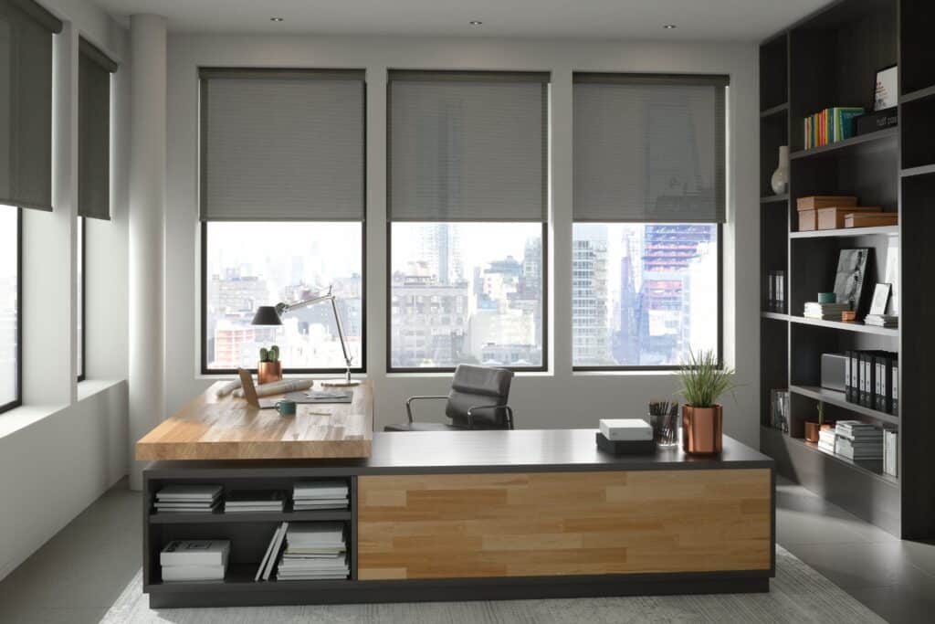 Solar screen shades preserving a city view while cutting glare
