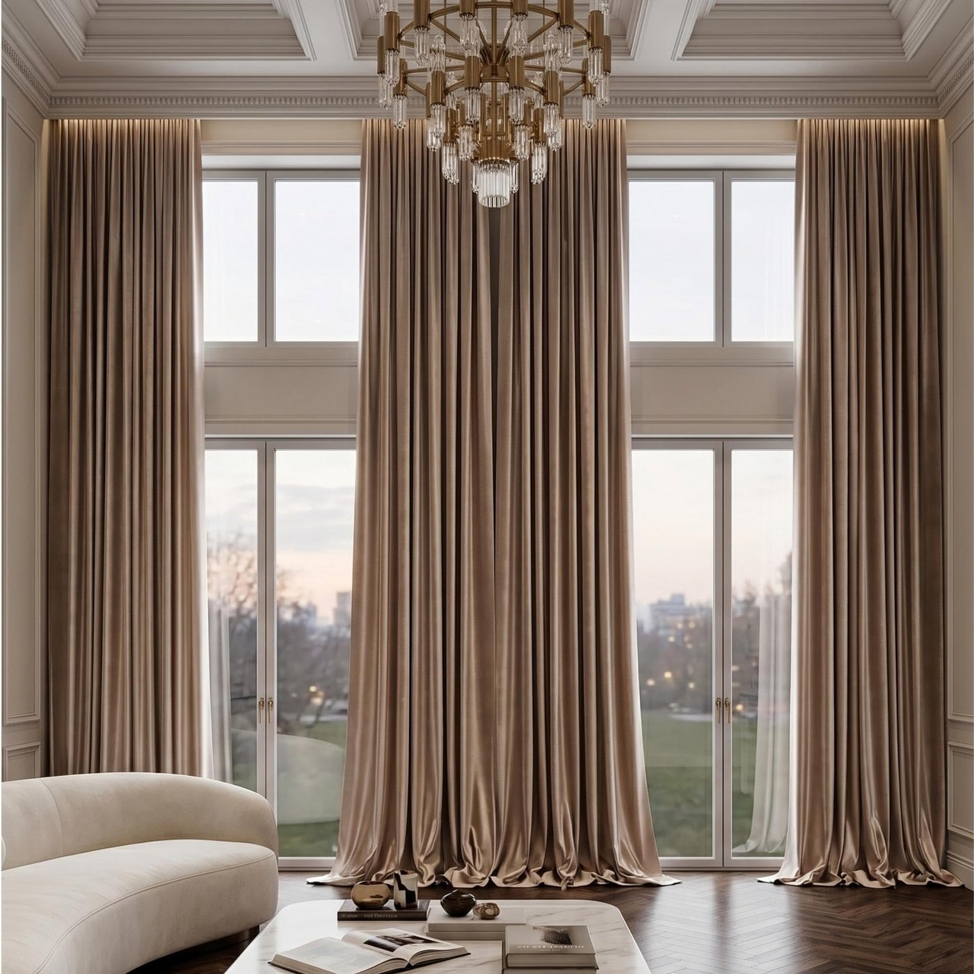 Floor-to-ceiling tailored drapery panels framing tall windows in a grand living room