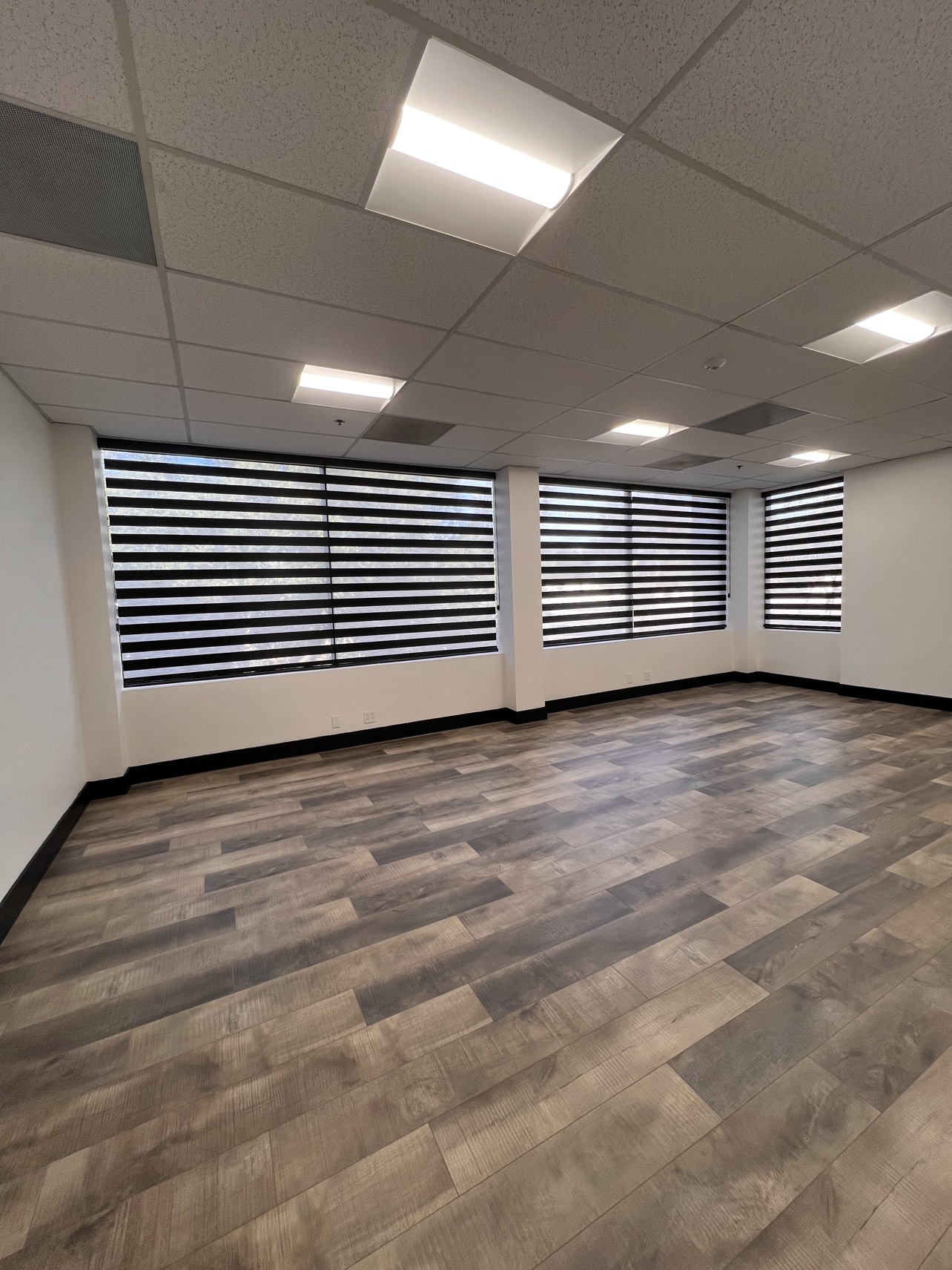 After: office suite with black zebra shades on every window