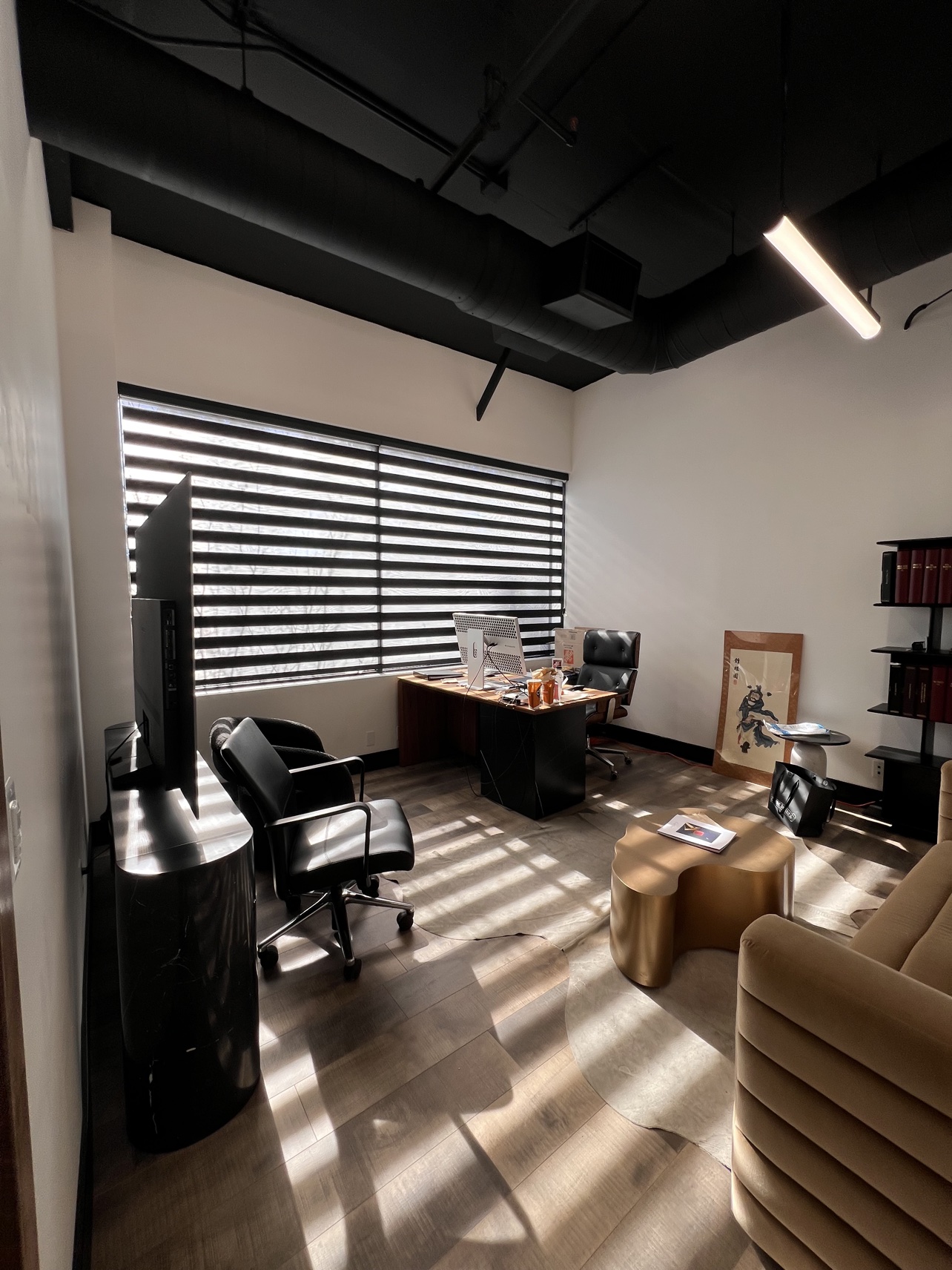 After: private office with black zebra shades softening the daylight